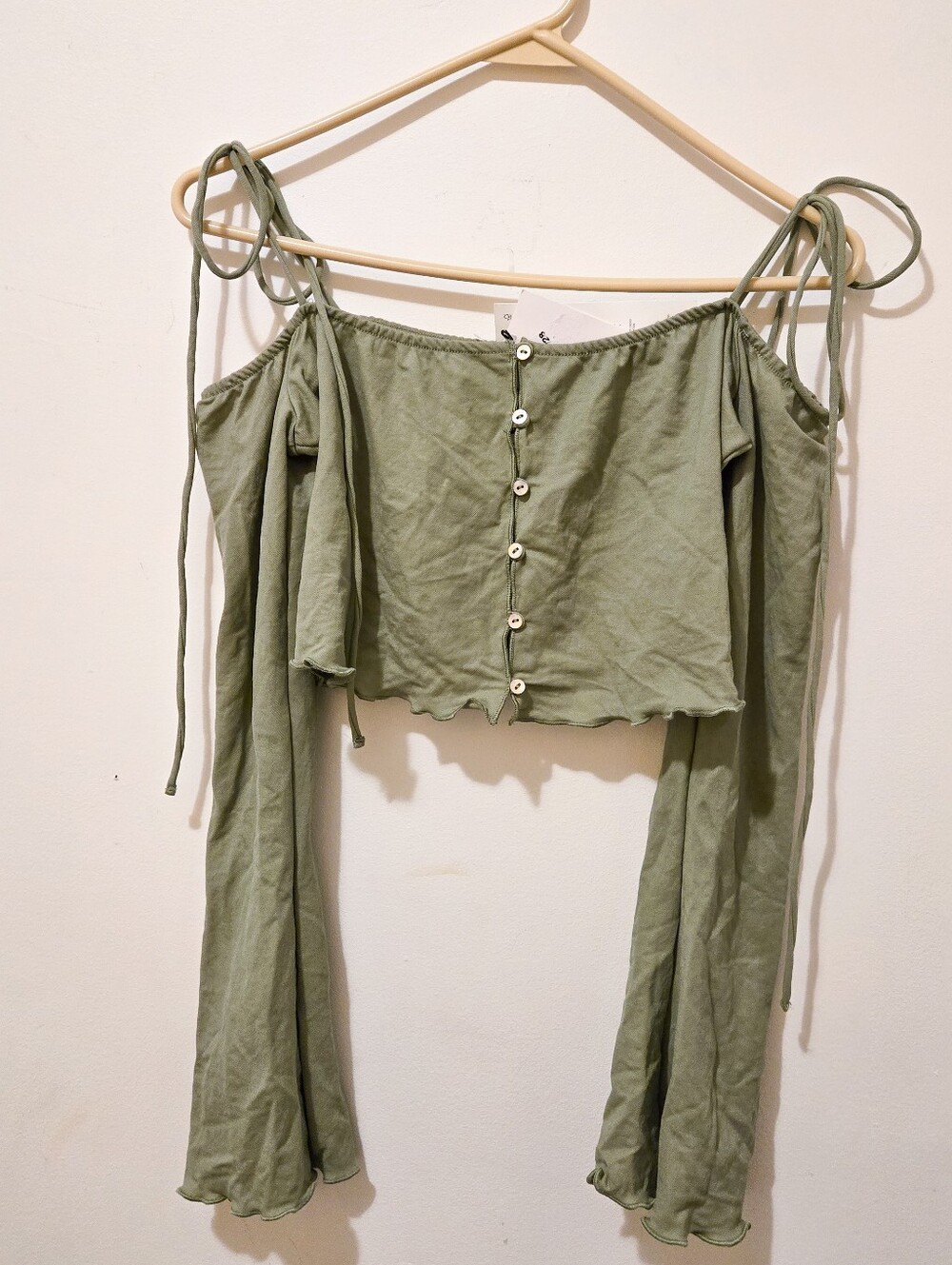 Zara Sage Green Off-Shoulder Button Crop Top